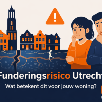 Illustratie van funderingsrisico in Utrecht met scheuren in de grond onder woningen en een bezorgd stel, in LEF Makelaars stijl.