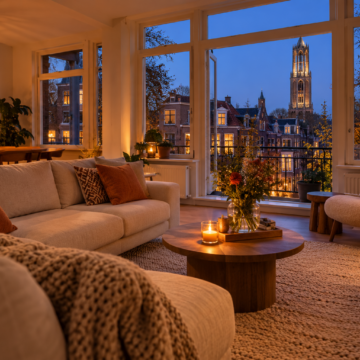 Sfeervolle woonkamer in Utrecht met warme verlichting tijdens de wintertijd – woontips van LEF makelaars Utrecht
